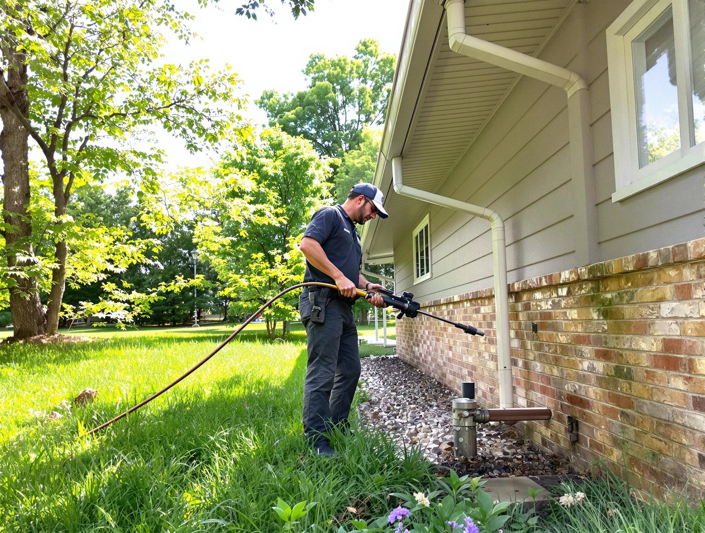 Strongsville Roofing Company removing debris from a downspout in Strongsville, OH