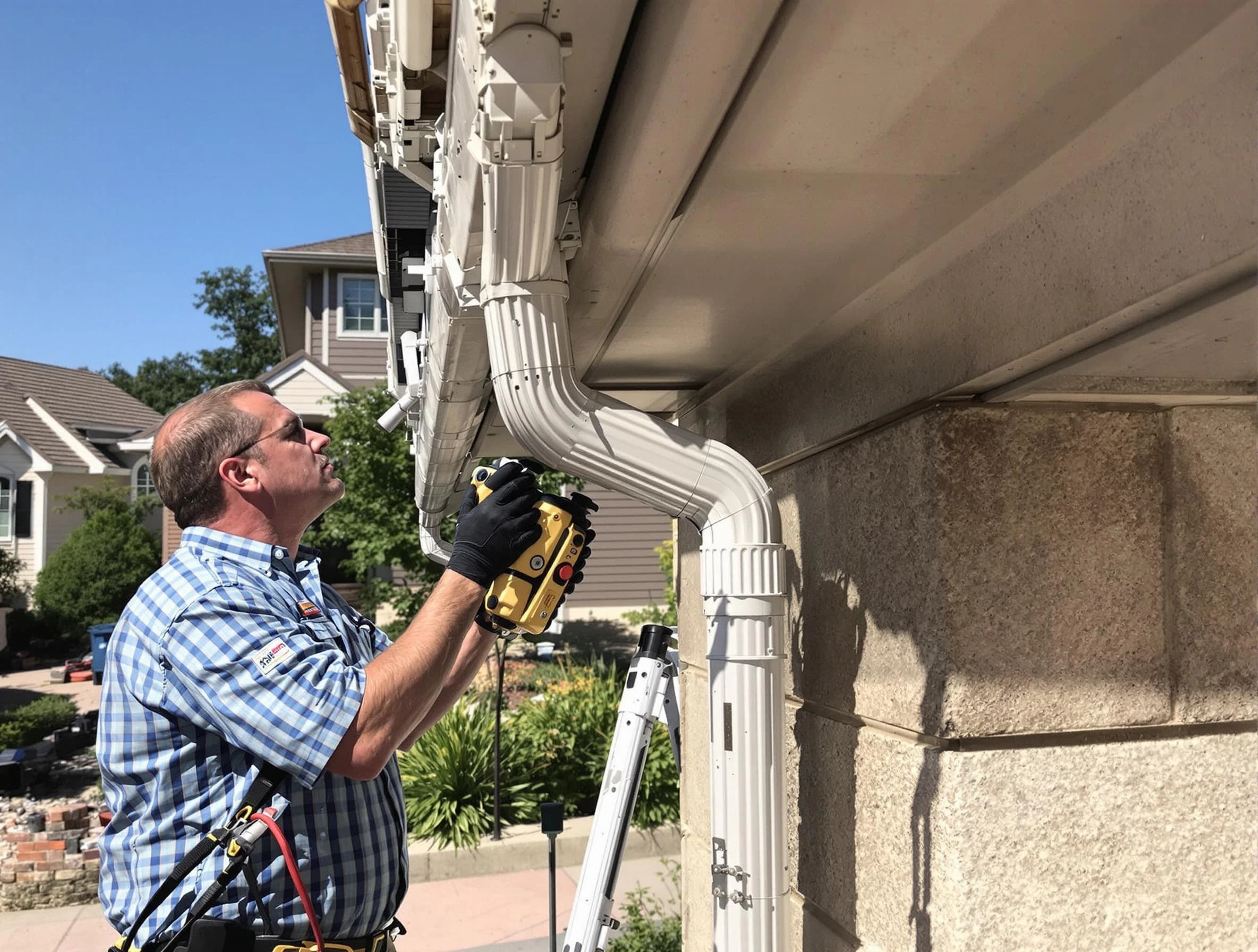 Close-up of a restored downspout system by Strongsville Roofing Company in Strongsville, OH