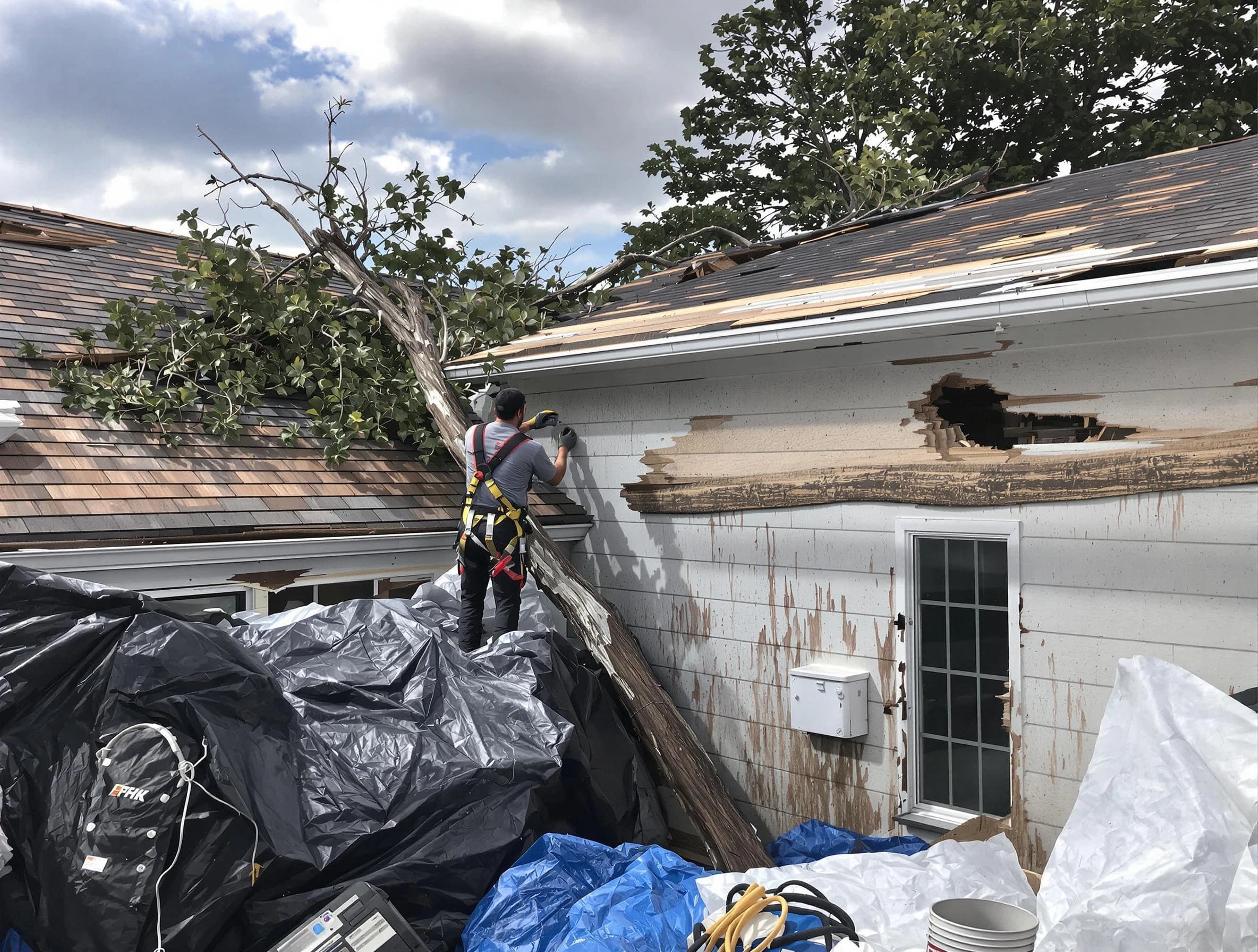 Strongsville Roofing Company technicians handling urgent roof damage in Strongsville, OH