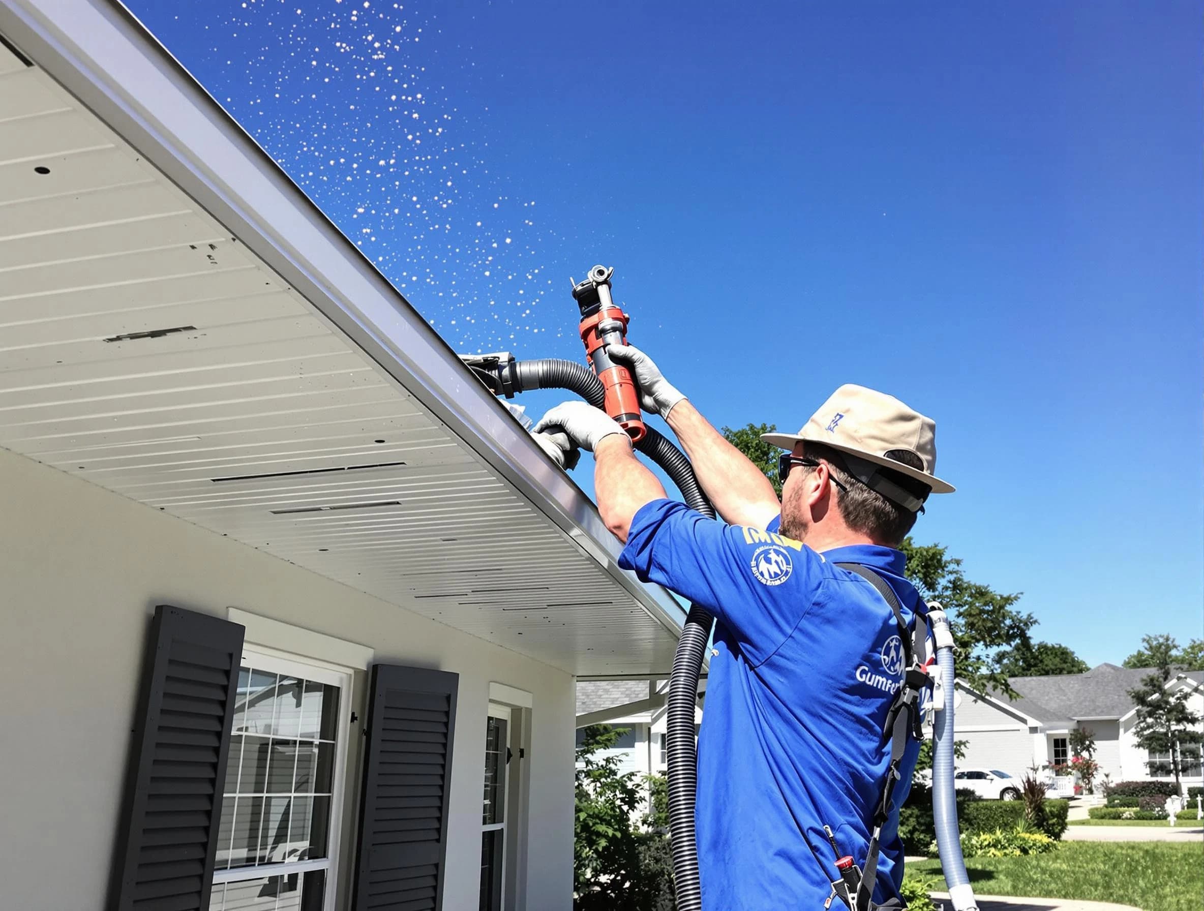 Technician completing a gutter cleaning project by Strongsville Roofing Company in Strongsville, OH