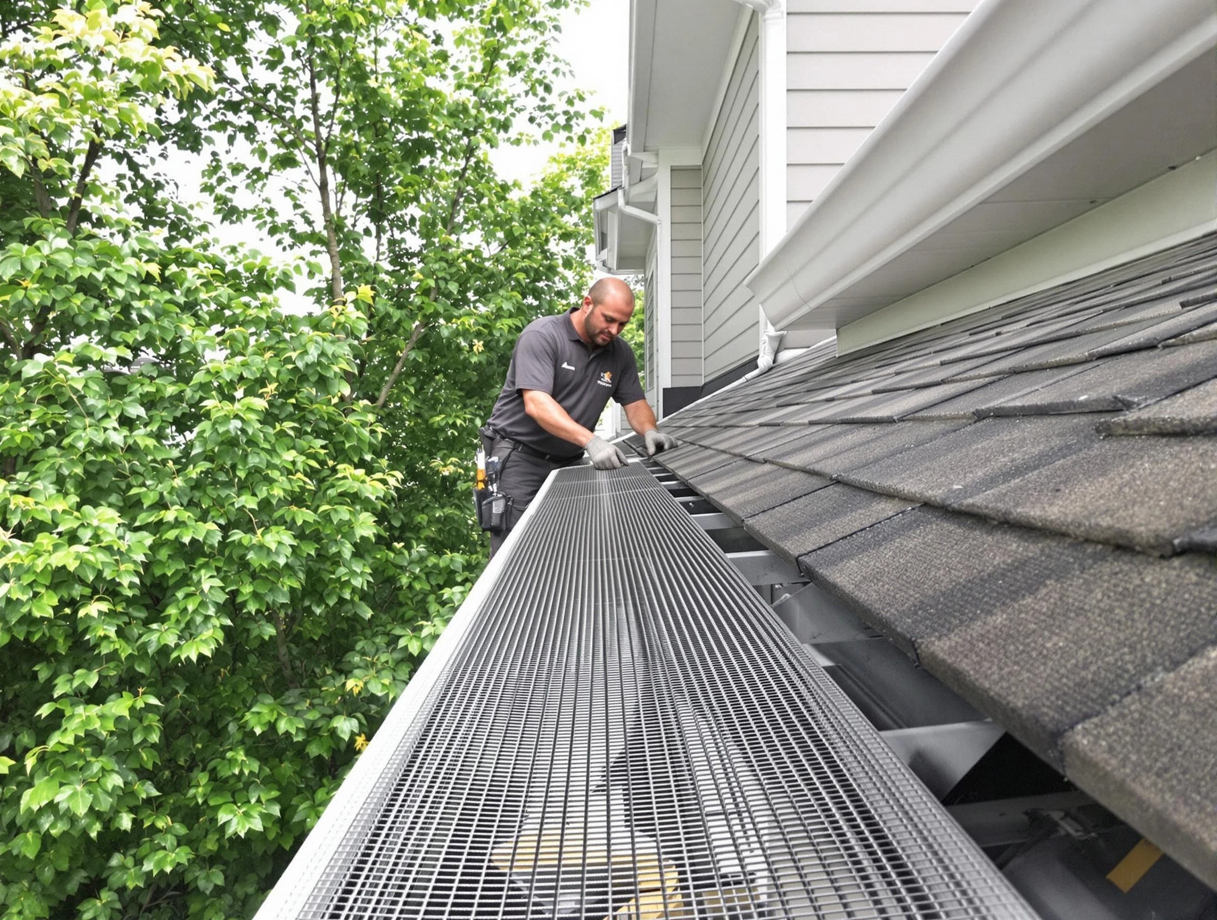 Close-up of gutter guards installed by Strongsville Roofing Company in Strongsville, OH